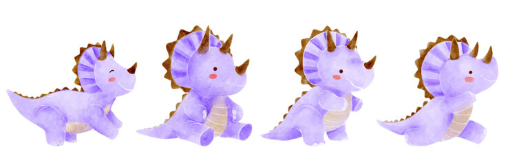 Triceratops . Cute dinosaur cartoon characters . Watercolor paint design . Set 16 of 20 . Vector .