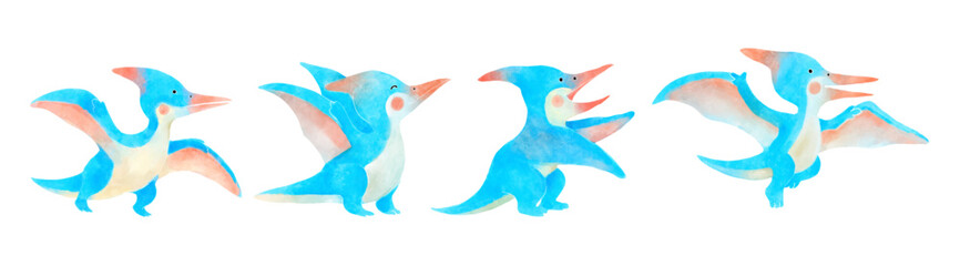 Pteranodon . Cute dinosaur cartoon characters . Watercolor paint design . Set 18 of 20 . Vector .