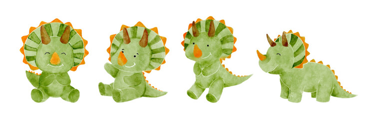 Triceratops . Cute dinosaur cartoon characters . Watercolor paint design . Set 17 of 20 . Vector .