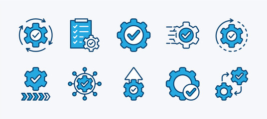 Set of gear settings icon. Containing execution, process, system, evaluate, efficiency, business management project, task, implement, operation, optimize, performance. Vector illustration