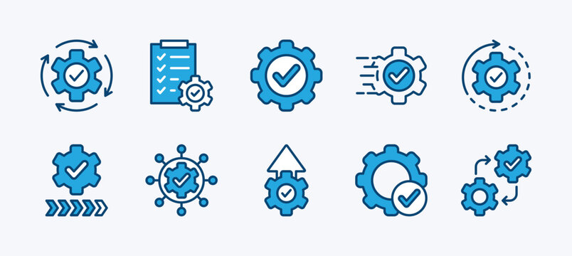 Set of gear settings icon. Containing execution, process, system, evaluate, efficiency, business management project, task, implement, operation, optimize, performance. Vector illustration