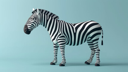 Fototapeta na wymiar A digital art piece featuring a stylized zebra in geometric black and white stripes against a light blue background.