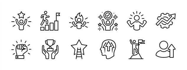 Business motivation thin line icon set. Containing success, achievement, power, development, career, improvement, inspiration, ambition, goal, growth, performance, step. Vector illustration