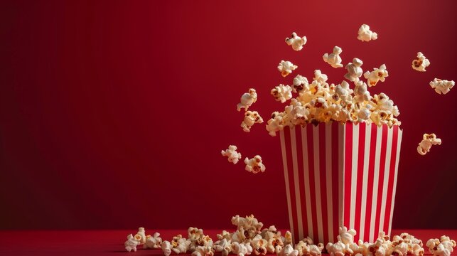 Classic movie theater popcorn in a striped container against a vibrant red background, the perfect cinema snack