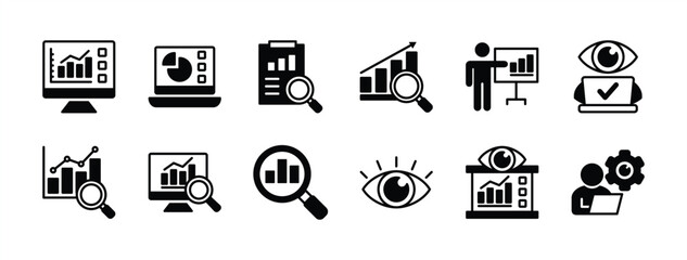 Business management monitoring icon set. Containing growth graph, chart, statistics, analysis, report, objective, development, improvement, achievement, presentation. Vector illustration