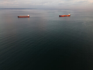 Oil tankers in the Baltic Sea off the coast of Estonia, photo from above, from a drone.