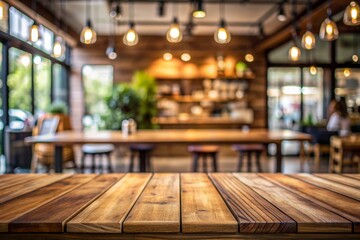 Empty wooden table in front of abstract blurred background of coffee shop . can be used for display or montage your products.Mock up for display of product