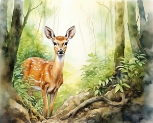 Gentle deer fawn hiding in the forest, soft eyes and dappled light, vivid colors, isolated on white background, watercolor