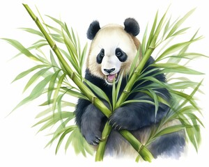 Happy panda munching on bamboo, fluffy fur and serene setting, isolated on white background, watercolor - obrazy, fototapety, plakaty