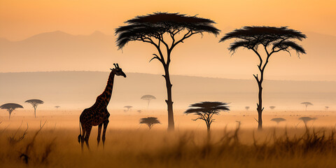 A giraffe (giraffa) walking in a field in the grasslands of the savanna with a hazy silhouette of the mountains in the background; Maasai Mara National Park, Kenya, Africa
