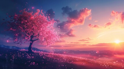 Morning lazy mood, beautiful vast sunrise landscape, Sakura tree, Deep neon Color - obrazy, fototapety, plakaty