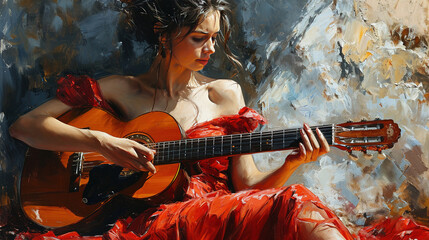 Stunning Oil Painting Liquid Art of A Gorgeous Woman Guitar Player Playing Guitar - obrazy, fototapety, plakaty