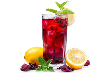 A tall glass of iced hibiscus tea with a lemon slice and mint leaves, a floral and invigorating summer beverage choice isolated on solid white background.