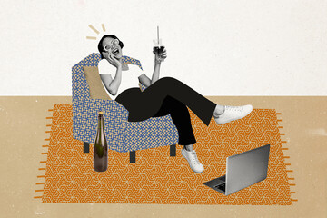 Composite photo collage of happy girl sit armchair speak iphone drink cocktail mess around laptop...