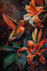 Fototapeta premium A vibrant painting capturing a hummingbird in flight over orange lilies and other flowers on a dark background