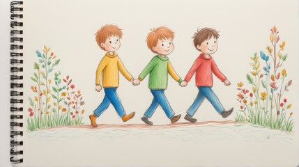 Fototapeta premium Three boys, pencil drawing