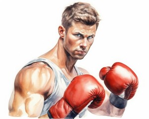 Determined boxer throwing a punch, gloves and sweat, intense ring fight, isolated on white background, watercolor - obrazy, fototapety, plakaty