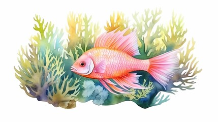 Fototapeta premium Brightly colored fish swimming among coral, delicate fins and vibrant habitat, isolated on a white background, watercolor