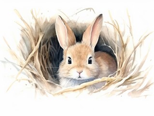 Curious rabbit peeking out of a burrow, fluffy fur and twitching nose, isolated on white background, watercolor