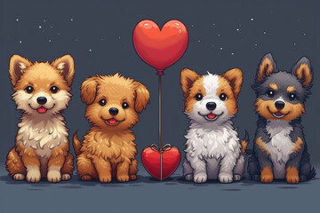 Cute cartoon dogs are playing with balloons