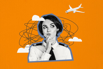 Composite photo collage of thoughtful girl pilot think aircraft fly trip journey stewardess profession isolated on painted background