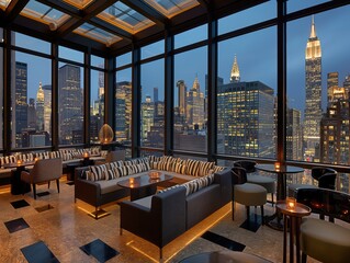 A restaurant with a view of the city skyline. The atmosphere is cozy and inviting, with comfortable seating and dim lighting - obrazy, fototapety, plakaty