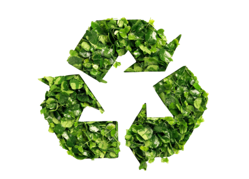 Recycle symbol with green leaves. PNG file with transparency. Ai