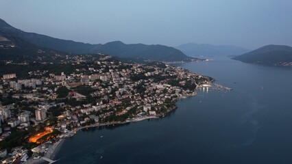 Aerial view of Herceg Novi at sunset. Boka Kotorska Bay, Montenegro - obrazy, fototapety, plakaty