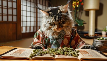 Thoughtful Maine Coon Cat in Traditional Kimono Browsing Book of Catnip Recipes - obrazy, fototapety, plakaty