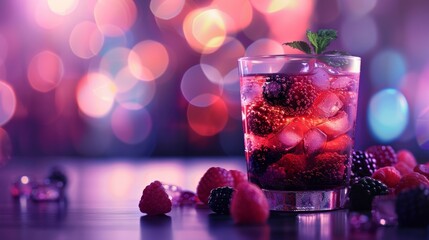 A refreshing cocktail adorned with berries, ice, and vibrant bokeh lighting.