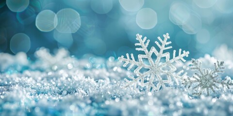 Fototapeta na wymiar Macro shot of delicate snowflakes with a crisp winter blue bokeh background.
