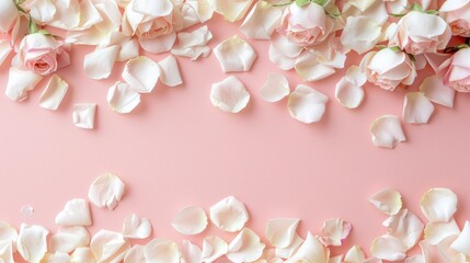 Delicate pink roses and scattered petals on a soft pastel pink background, expressing romance and tenderness.