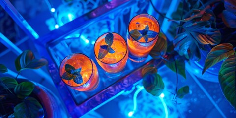 Three vibrant orange cocktails on a table illuminated by neon blue lights, surrounded by lush green foliage.