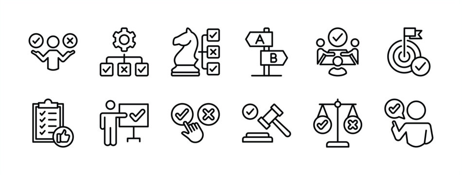 Business decision thin line icon set. Containing choice, arrow, meeting, option, advice, strategy, opportunity, direction, plan, checklist, choose, goal, solution, career, success, legal hammer, law