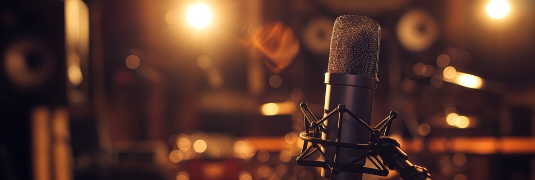 A detailed image showcasing a studio microphone with a pop filter in a soundproof recording room