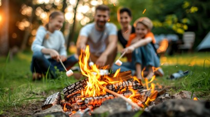 Family enjoying quality time roasting marshmallows over a campfire in a natural setting.