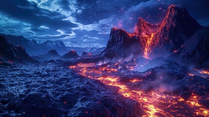 Night landscape with volcano and burning lava. Volcano eruption, fantasy landscape. 3D illustration - obrazy, fototapety, plakaty