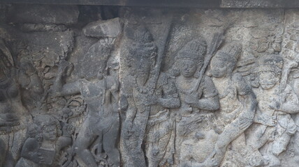 Carved temple statues in the ancient Prambanan temple complex Popular tourist destination. No one.