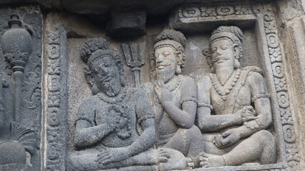 Carved temple statues in the ancient Prambanan temple complex Popular tourist destination. No one.