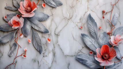 Marble background with floral design. Panel wall art