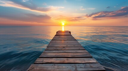 Perspective view of a wooden pier on the sea with an amazing sunset, with reflections on the water....