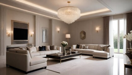 An inner look of luxrious and expensive house villa with shandilar idea and sofas