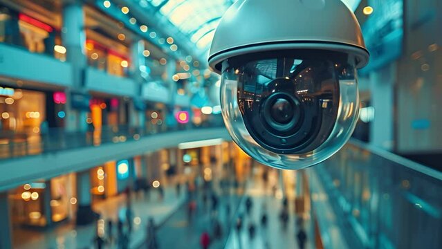 Surveillance camera records footage in shopping center, ensuring safety and security