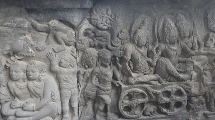 Carved temple statues in the ancient Prambanan temple complex Popular tourist destination. No one.