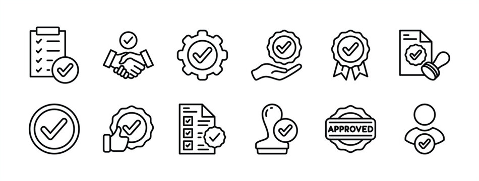 Approved and certified thin line icon set. Containing validation, quality, agreement, badge medal, licence, checkmark, selection, accept, stamp, thumbs up, decision, document, service, permission