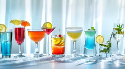 Variety of colorful cocktails with fruit garnishes on a bed of crushed ice, backlit with soft light.