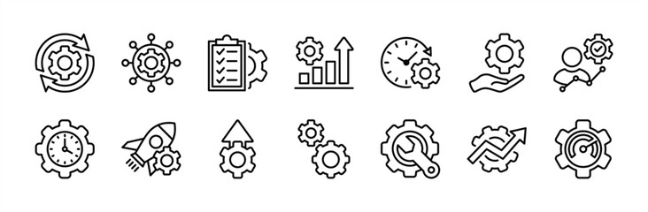 Productivity thin line icon set. Containing growth graph, efficiency, time, project management, operation, optimize, achieve, process, service, industrial, deadline, performance, organisation vector 