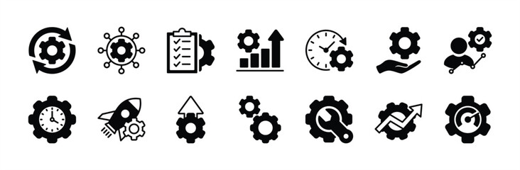 Productivity icon set. Containing growth graph, efficiency, time, project management, operation, optimize, achieve, process, service, industrial, deadline, performance, organisation vector