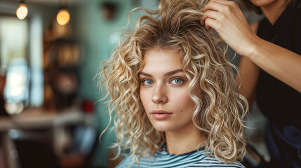 Fototapeta premium woman getting a haircut at the hairdresser, generative ai