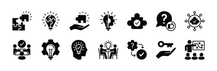 Business solutions icon set. Containing problem-solving, innovation, creativity, thinking, discussion, teamwork, strategy, idea, lightbulb, puzzle, process, answer, option. Vector illustration